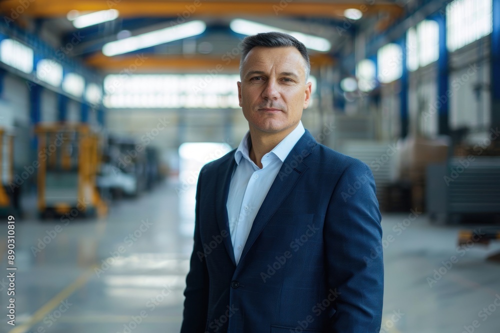 Portrait of man factory owner or manager in business suit on background warehouse. Banner industrial plant process Portrait of man factory owner or manager in business suit on background warehouse. Banner industrial plant process