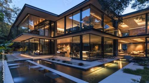 A modernist home with cantilevered sections  large glass walls  and a minimalist water feature.