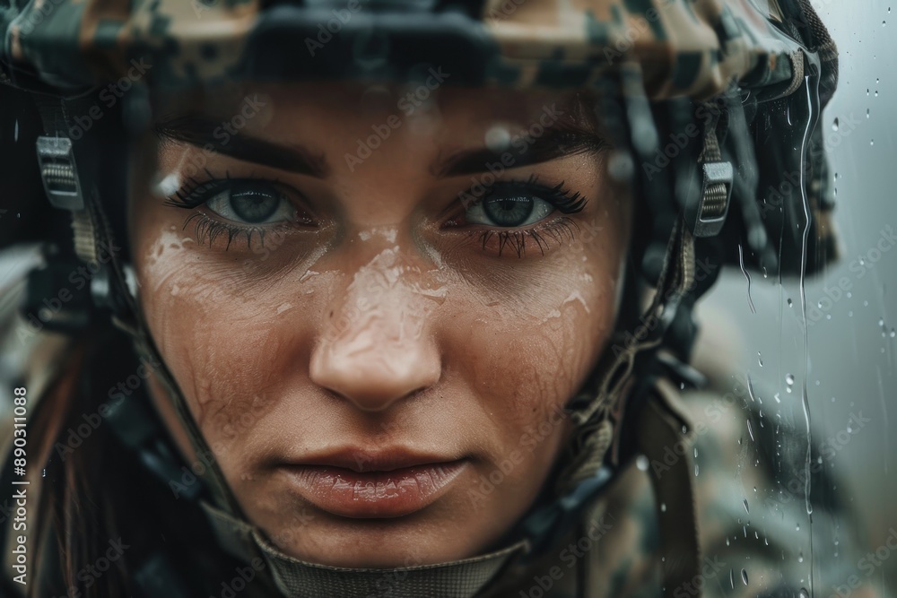 Portrait of woman soldier under the rain