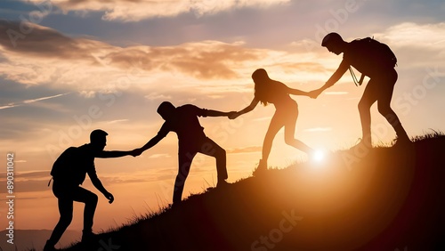 Silhouette of Friends Helping Each Other Climb a Hill - Celebrating Teamwork, Friendship, Support, and Motivation. Happy Friendship Day