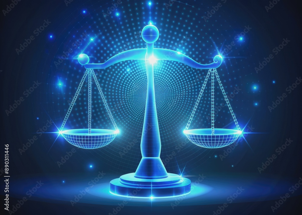 Glowing digital justice icon with scales suspended in mid-air against a bright blue background, symbolizing fairness and impartiality in business decision-making processes. Glowing digital justice icon with scales suspended in mid-air against a bright blue background, symbolizing fairness and impartiality in business decision-making processes.