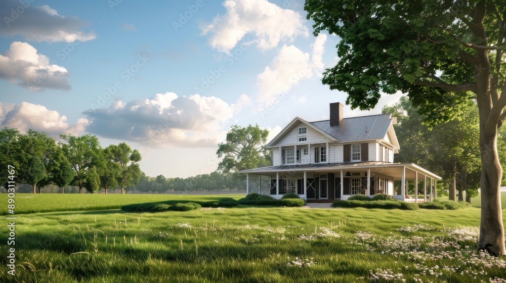 Generate a prompt for a photo realistic image of a rural farmhouse with a wrap-around porch, barn doors, and expansive fields. Generate a prompt for a photo realistic image of a rural farmhouse with a wrap-around porch, barn doors, and expansive fields.