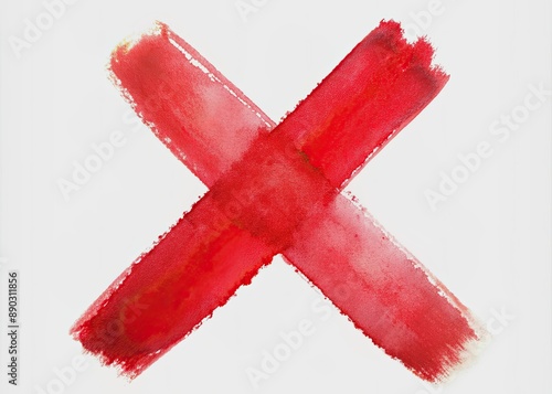 Vibrant red X symbol painted in watercolor style on a crisp white background, adding a pop of color and creative flair to any design project. photo