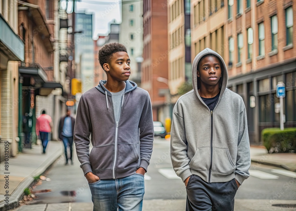 Urban cityscape background with empty sidewalk and buildings, setting for two Afroamerican teenagers boys in blank hoodies walking in city street scene. Urban cityscape background with empty sidewalk and buildings, setting for two Afroamerican teenagers boys in blank hoodies walking in city street scene.
