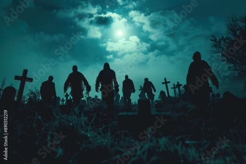 Scary zombies crawl out from underground into a cemetery on a full moon © Anna