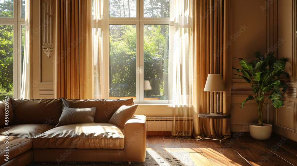 Curtain windows decorating the interior of a room, featuring a vintage light filter. Curtain windows decorating the interior of a room, featuring a vintage light filter.
