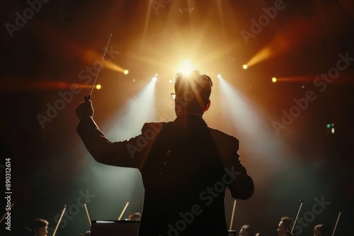 Silhouette person conductor leads an orchestra, baton in hand, under dramatic stage lights in a grand concert