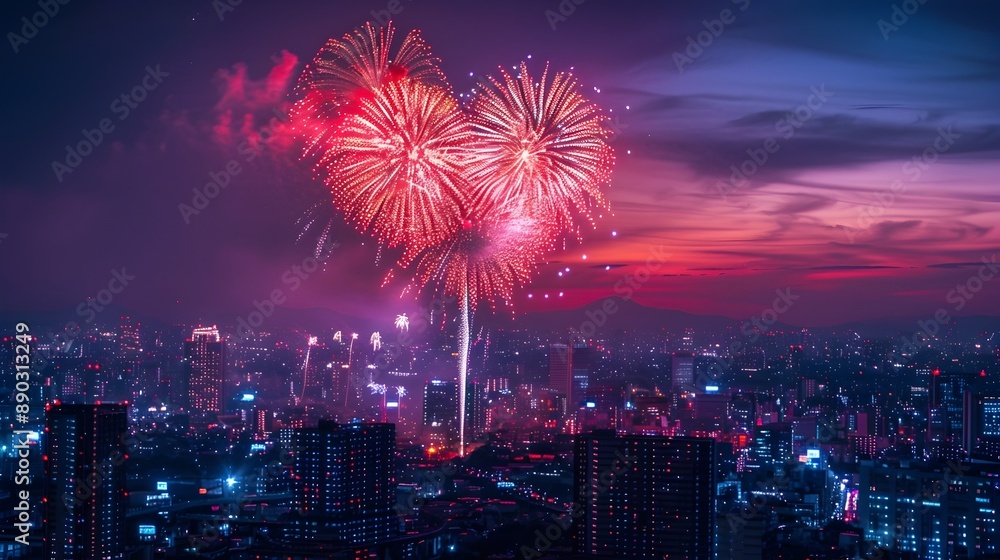Vibrant Heart Shaped Fireworks Illuminate the Cityscape in a Celebratory Display of Love and Joy Vibrant Heart Shaped Fireworks Illuminate the Cityscape in a Celebratory Display of Love and Joy