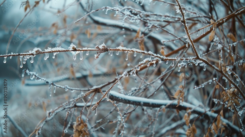 Deciduous grass branches covered in icy crust after freezing rain