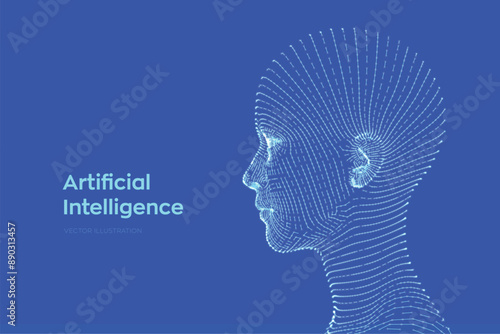 AI. Artificial intelligence concept. Ai digital brain. Abstract digital human face. Human head in robot digital computer interpretation. Robotics concept. Wireframe head concept. Vector illustration.