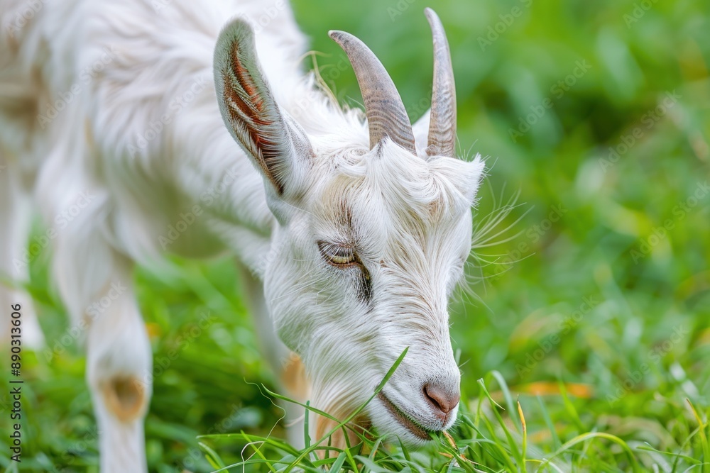 Fototapeta premium close-up of head of dairy goat while eating the green grass of a meadow