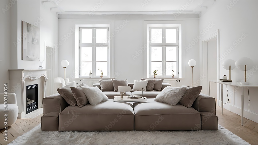 Fototapeta premium White living room with taupe sofa