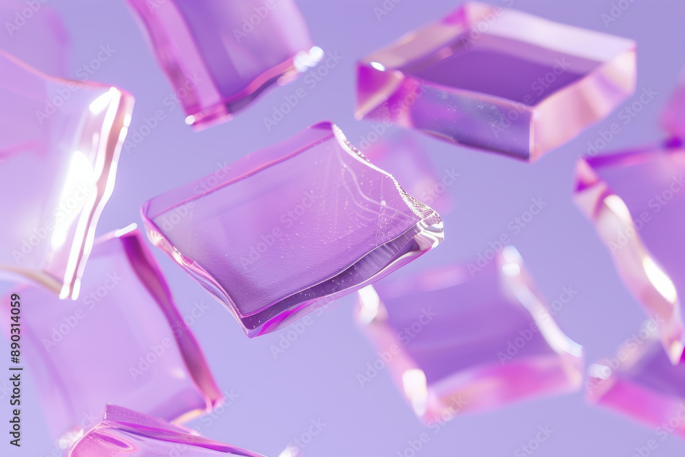 close up horizontal abstract image of transparent shiny broken glass pieces floating over a purple background close up horizontal abstract image of transparent shiny broken glass pieces floating over a purple background