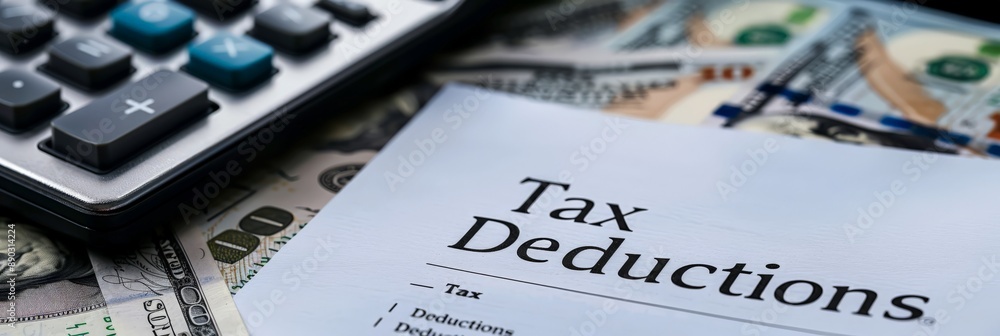 Tax form with 'Tax Deductions' written on it, surrounded by calculators and dollar bills. Ideal for illustrating tax deductions and financial themes. Tax form with 'Tax Deductions' written on it, surrounded by calculators and dollar bills. Ideal for illustrating tax deductions and financial themes.