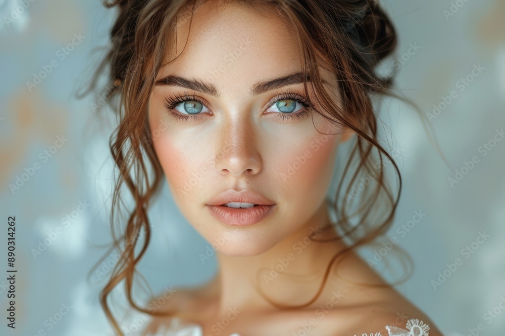 Closeup portrait of a beautiful woman in white dress, for bijouterie and jewelry mockup