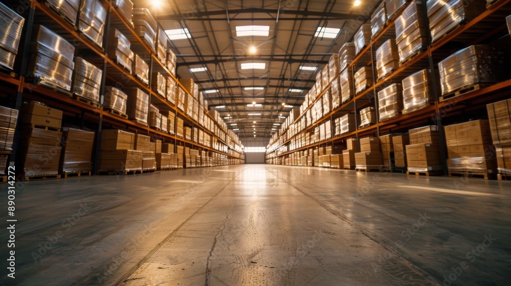 Fototapeta premium Large Warehouse Interior with Bright Lighting