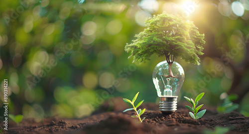 tree growing on light bulb with sunshine in nature and small plants growth stepe. saving energy and eco concept photo