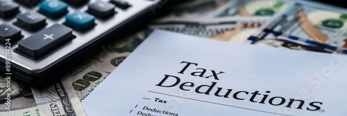 Tax form with 'Tax Deductions' written on it, surrounded by calculators and dollar bills. Ideal for illustrating tax deductions and financial themes.
