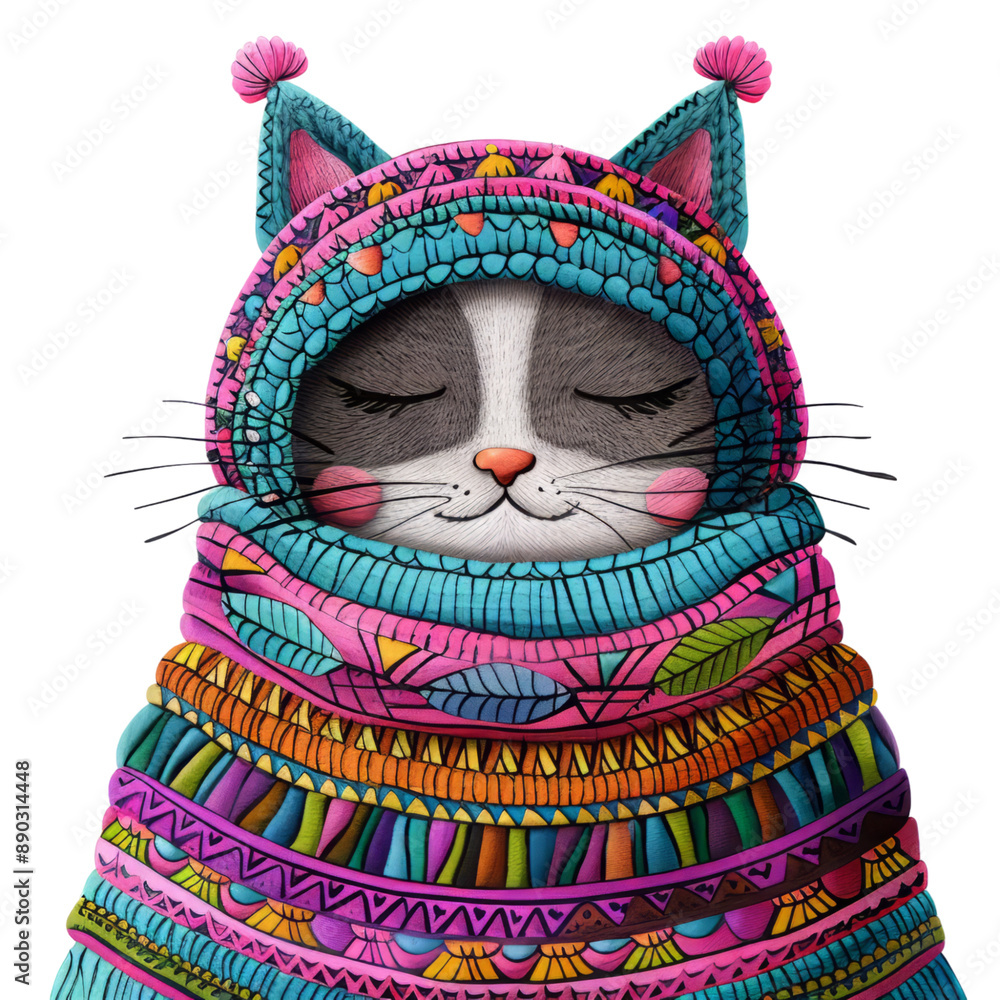 Fototapeta premium A cute cat wearing a colorful knitted hat and scarf, with its eyes closed, appears to be napping.