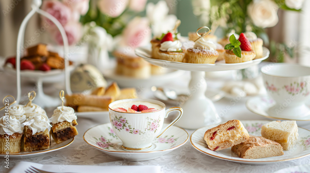 Elegant afternoon tea setup with various teas, finger sandwiches, scones with clotted cream, and pastries, presented on fine china, with refined and delicate details Elegant afternoon tea setup with various teas, finger sandwiches, scones with clotted cream, and pastries, presented on fine china, with refined and delicate details