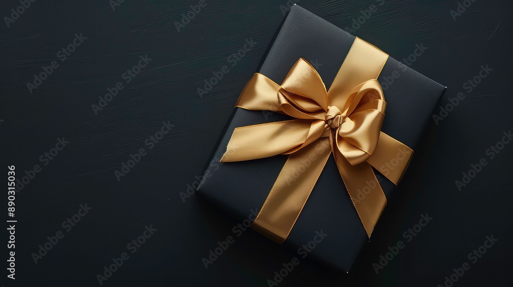 Gift box with golden ribbon bow on black dark background. Generated AI Gift box with golden ribbon bow on black dark background. Generated AI