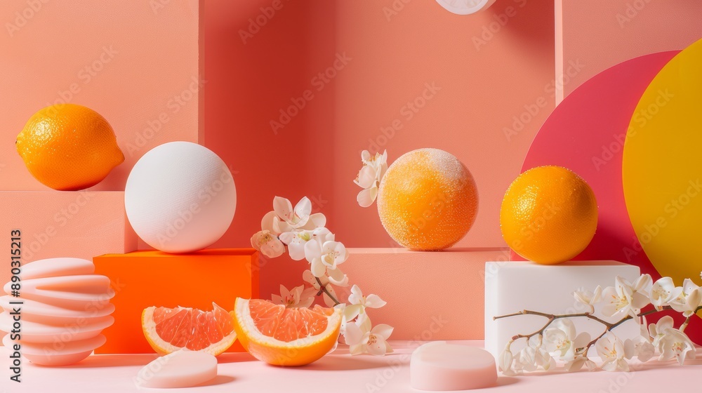 Fototapeta premium Modern still life with citrus and floral elements
