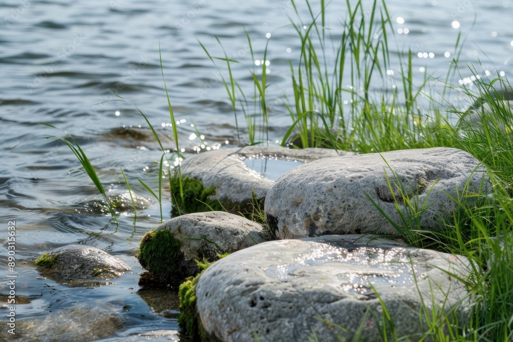 Still life by the water with stones, grass, and water Still life by the water with stones, grass, and water