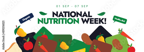 National Nutrition Week banner, background, post. 1 to 7 september Nutritional Week cover banner with stickers, colourful icon of healthy fruits and vegetables. Conceptual banner to eat healthy.