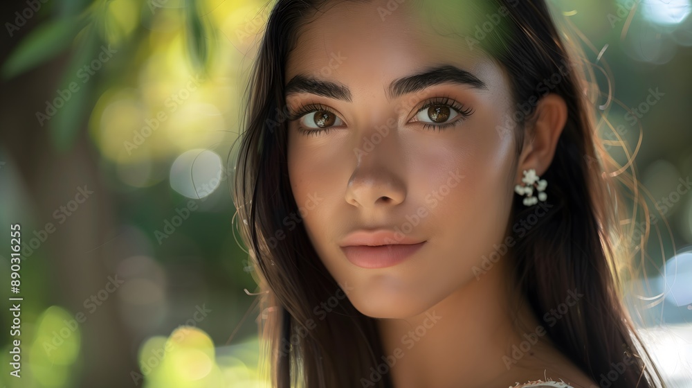 Close-Up Outdoor Portrait of a Young Woman with Long Brown Hair and Natural Makeup in Soft Focus Close-Up Outdoor Portrait of a Young Woman with Long Brown Hair and Natural Makeup in Soft Focus