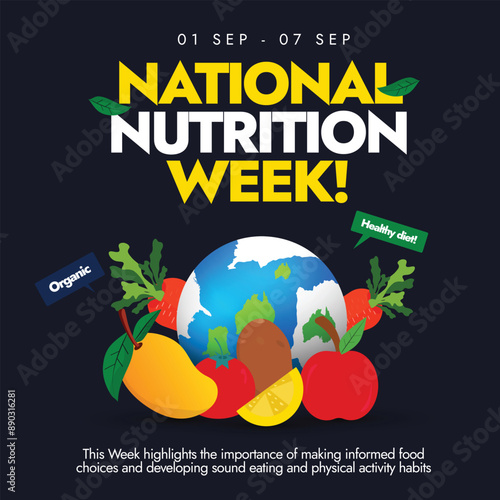 National nutrition week. 1 to 7 September Nutritional week banner, post with earth globe, fruits and vegetables icons. The day focus to highlight the importance of healthy diet and its impact on body.