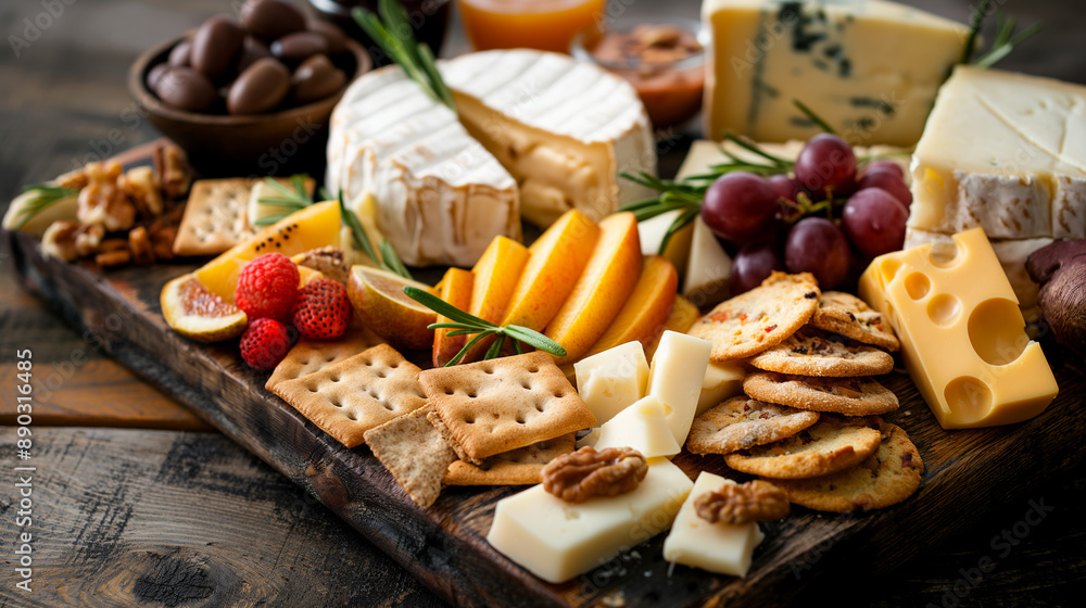 Artisan cheese platter with a selection of cheeses, fruits, nuts, and crackers, arranged on a wooden board, highlighting the variety and presentation