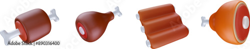 Ribs, khamon, chicken leg. Different meat on bone in cartoon 3d style. Realistic vector illustration.
