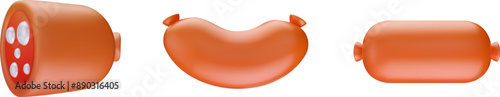 Whole and half sausage in cartoon 3d style. Vector illustration.