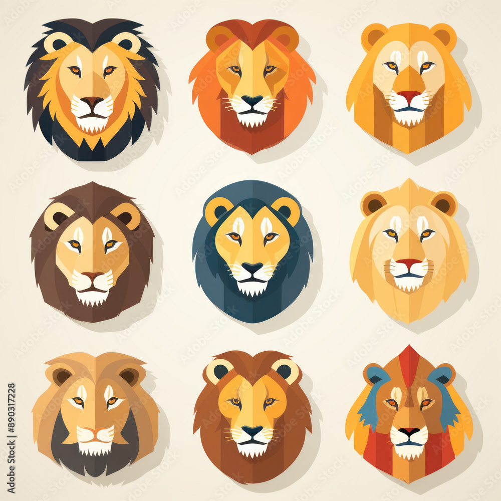 Obraz premium Flat Design Vector Lions Icon Set, Popular Lions Species