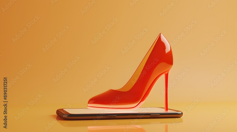 High Heel Shoe on Smartphone - Modern Technology and Fashion Concept with Orange Background High Heel Shoe on Smartphone - Modern Technology and Fashion Concept with Orange Background
