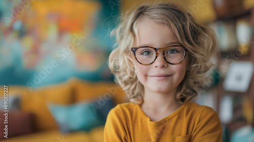 Cheerful young boy in glasses, set against a colorful abstract background, perfect for creating fun and lively wallpapers.