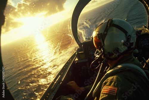 View from cockpit of fighter pilot leads air boat with enemy, sunlight