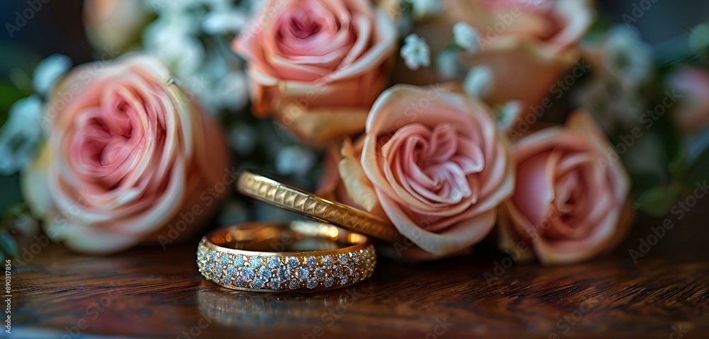Two wedding rings resting on a bouquet of pink roses. Two wedding rings resting on a bouquet of pink roses.