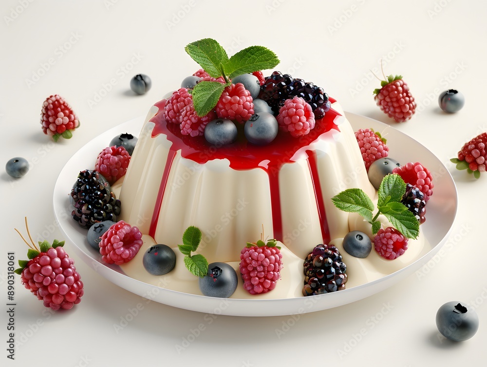 Delicious Panna Cotta Dessert with Fresh Berries and Mint Leaves on a White Plate Delicious Panna Cotta Dessert with Fresh Berries and Mint Leaves on a White Plate