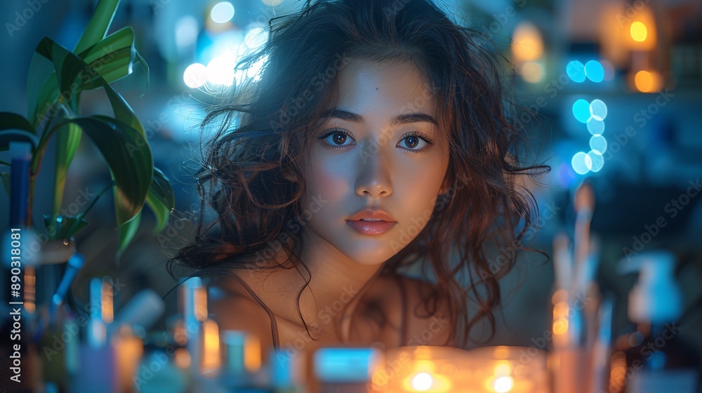 Portrait of Asian Girl Applying Makeup at a Vanity Portrait of Asian Girl Applying Makeup at a Vanity