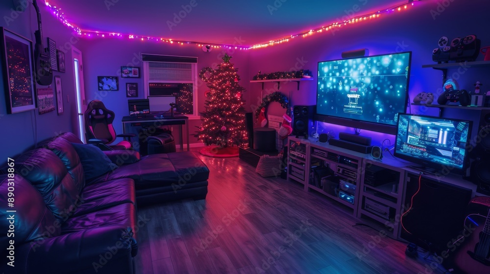Holiday-themed gaming room with RGB lighting Holiday-themed gaming room with RGB lighting