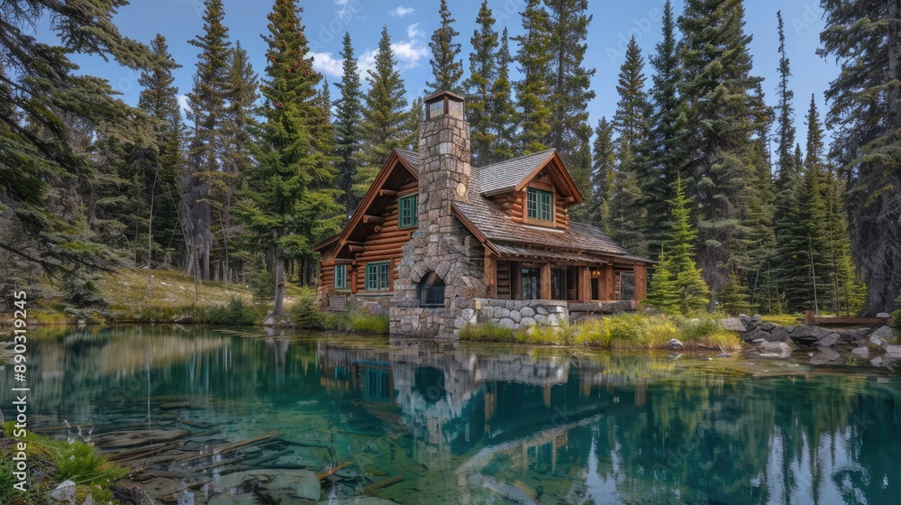 Obraz premium A rustic, Canadian log cabin with a stone chimney, surrounded by pine trees and a clear, blue lake.