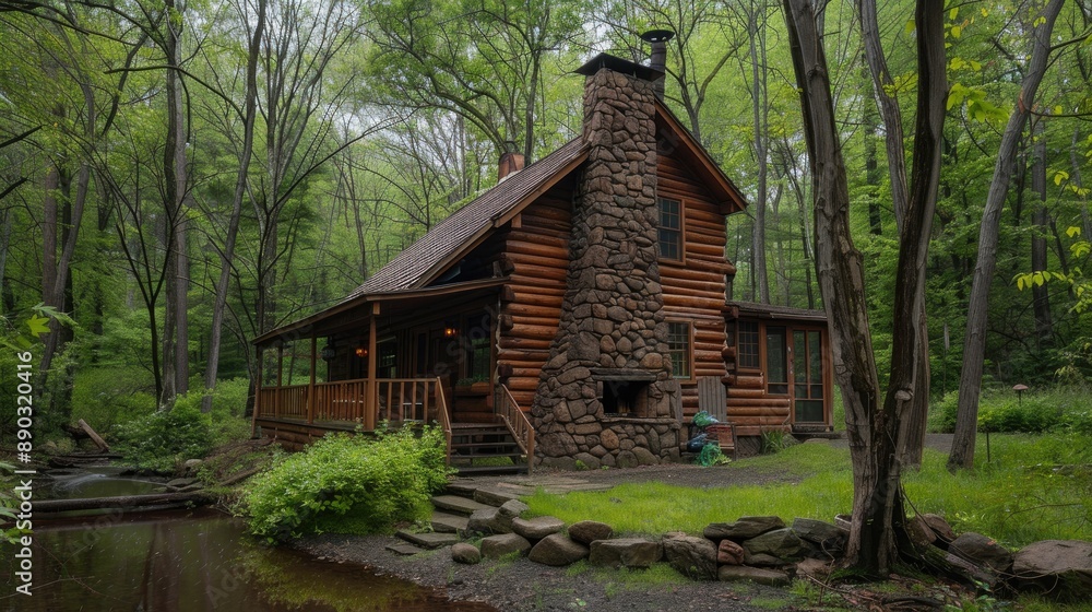 A rustic log cabin with a stone chimney, nestled in the woods with a small creek nearby. A rustic log cabin with a stone chimney, nestled in the woods with a small creek nearby.