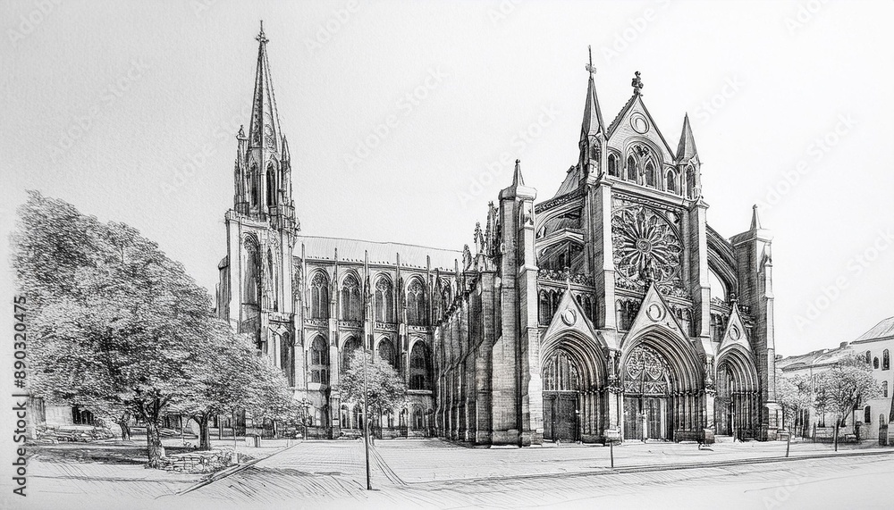 Fototapeta premium Architectural sketch of a gothic cathedral in pencil.
