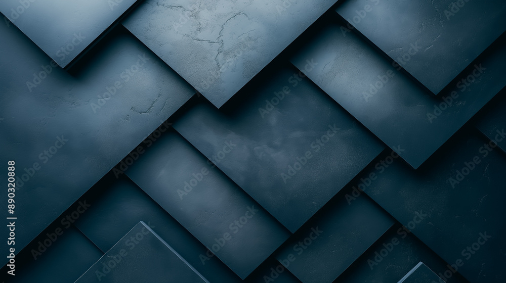 Obraz premium Black lines and geometric shapes on a dark blue gradient background, modern minimalist design, sharp edges, light reflecting on metal strips.