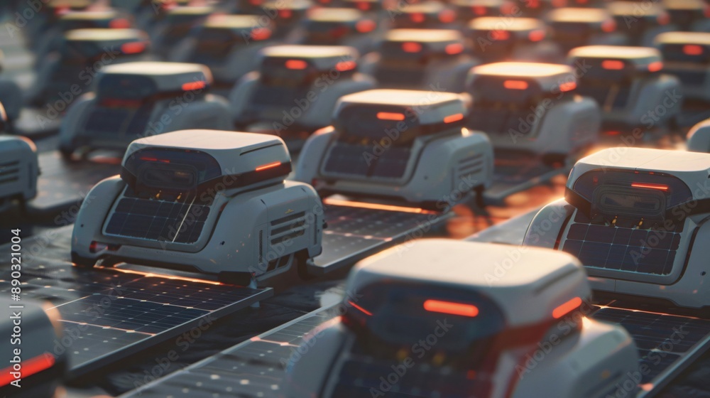 Fototapeta premium Autonomous AI robots maintaining solar panels