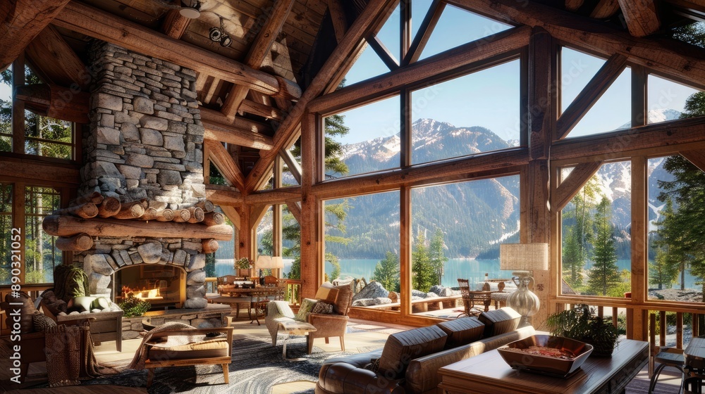 A rustic, mountain lodge with a stone fireplace, large log beams, and a view of a serene alpine lake. A rustic, mountain lodge with a stone fireplace, large log beams, and a view of a serene alpine lake.
