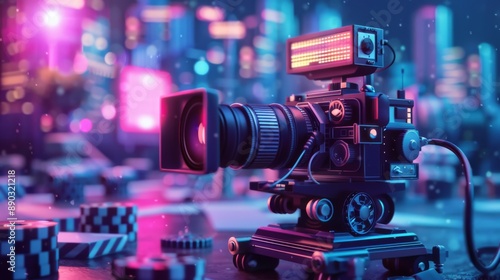 Retro Film Camera in Neon Night Scene