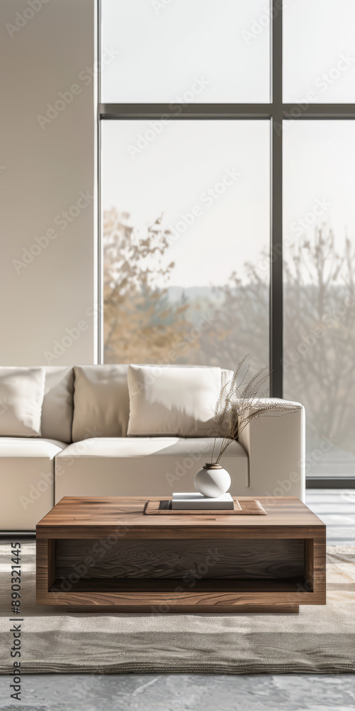 Obraz premium Property interiors with a modern design, minimal furniture and natural window lighting. Minimalist interiors design composition in warm tones.