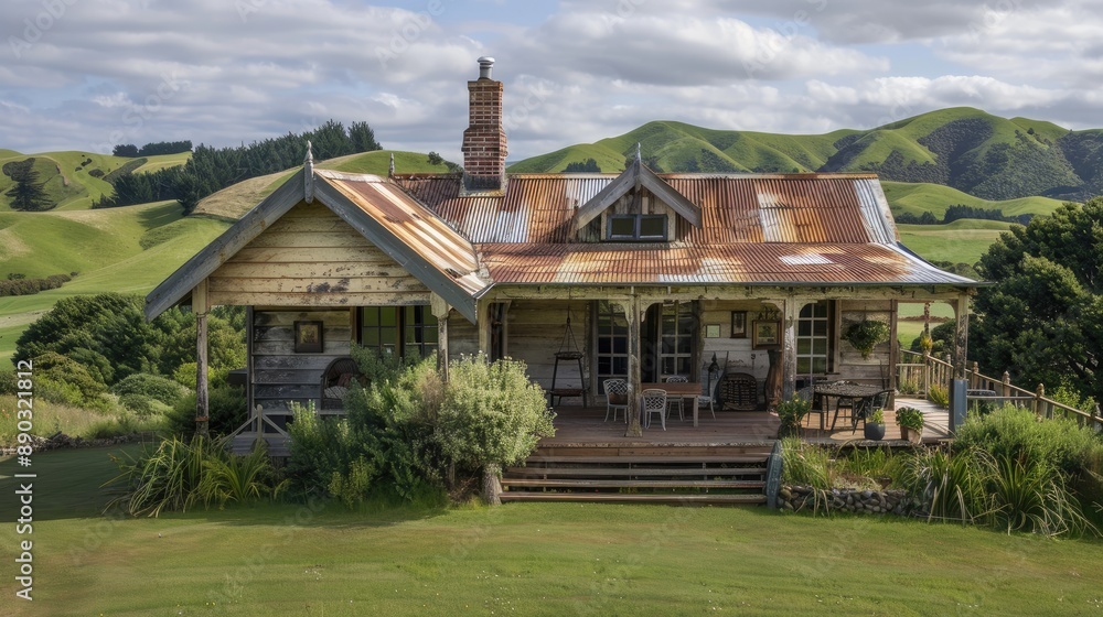 A rustic, New Zealand farmhouse with a corrugated iron roof, wide verandas, and rolling green hills. A rustic, New Zealand farmhouse with a corrugated iron roof, wide verandas, and rolling green hills.